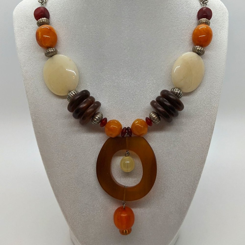 Lonnie Lovness Necklace - Measures 13" Long - Brown, Orange, Cream Beads